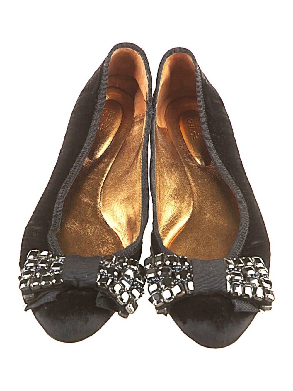 See by Chloé Ballet Flats | Black Velvet | Glass Crystal Bow | Size 10 B / EU 40